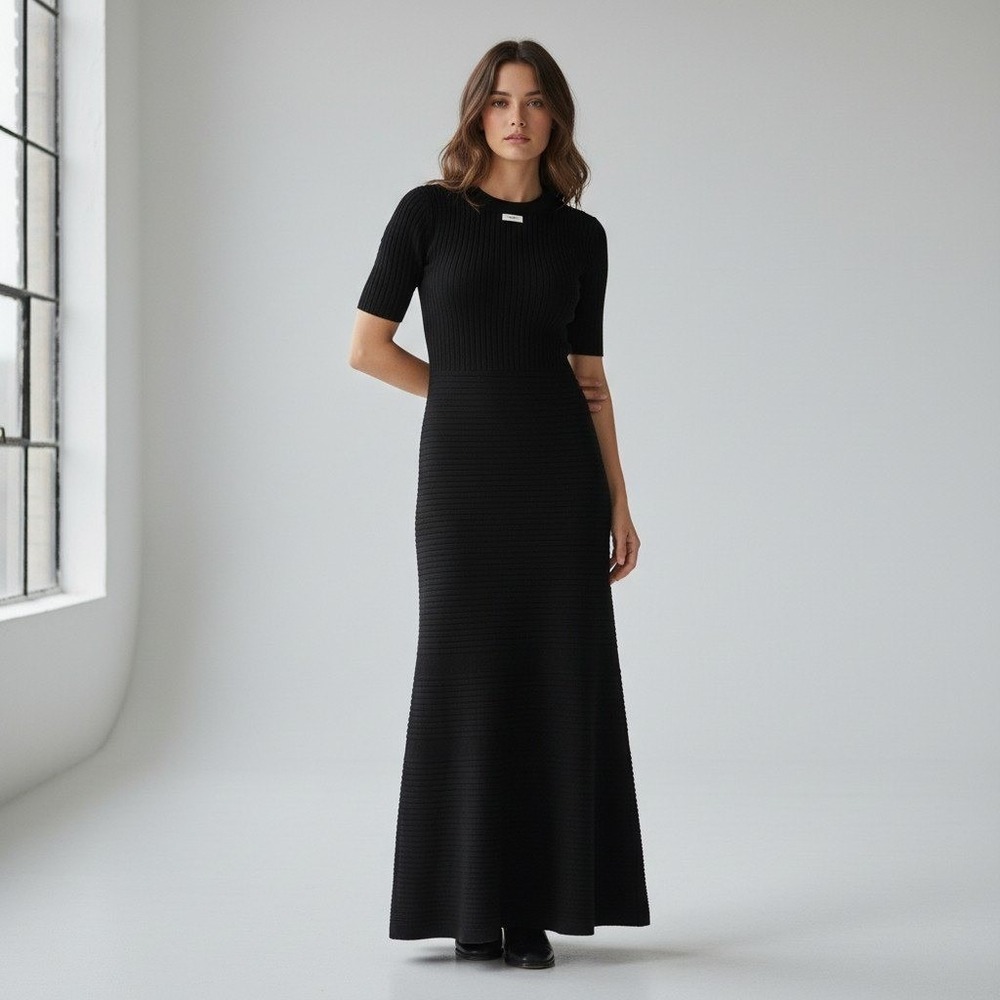 DISSH Black Ribbed Knit Short Sleeve Maxi Dress Size XL Quiet Luxury Minimalist